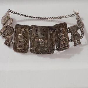 Llama Peru 900 Silver Story Teller Wide Bracelet 48g Vintage 3D Warrior Inca